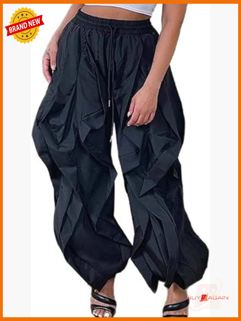 High Waisted Baggy Cargo Pants With Ruffle Patchwork And Drawstring